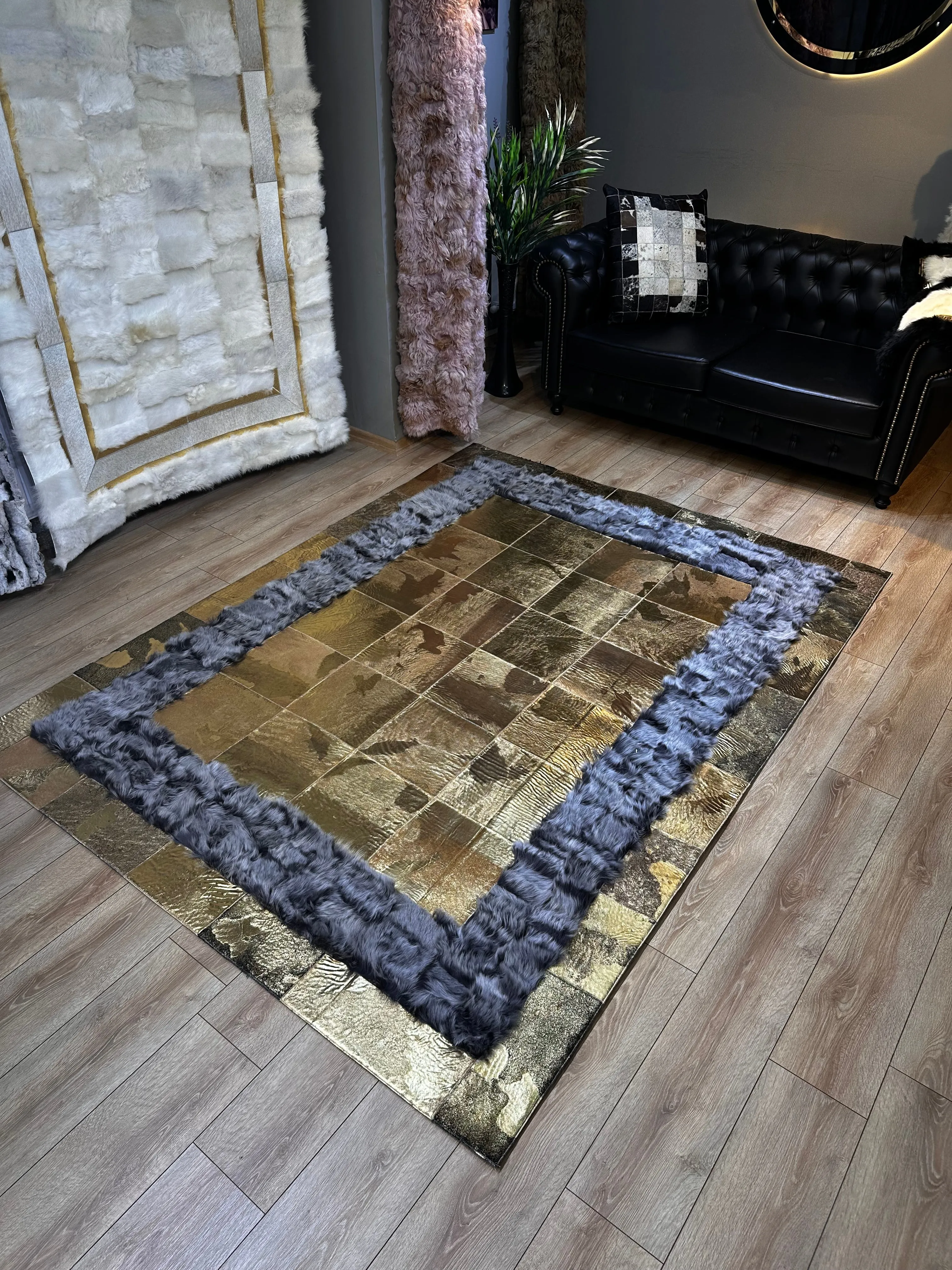 Gray and Gold Natural Sheep Leather Area Rug, Handmade Luxury Carpet