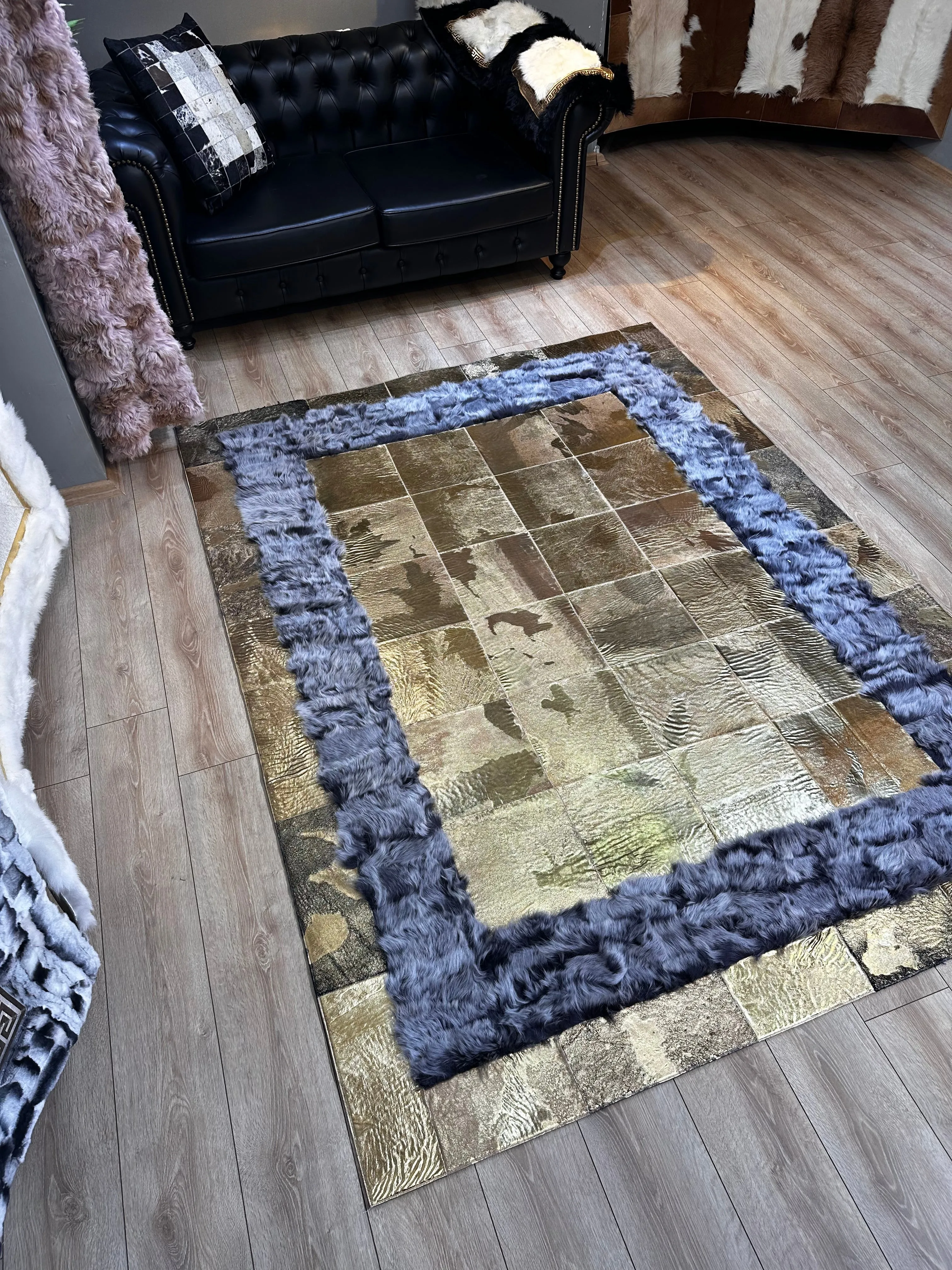 Gray and Gold Natural Sheep Leather Area Rug, Handmade Luxury Carpet