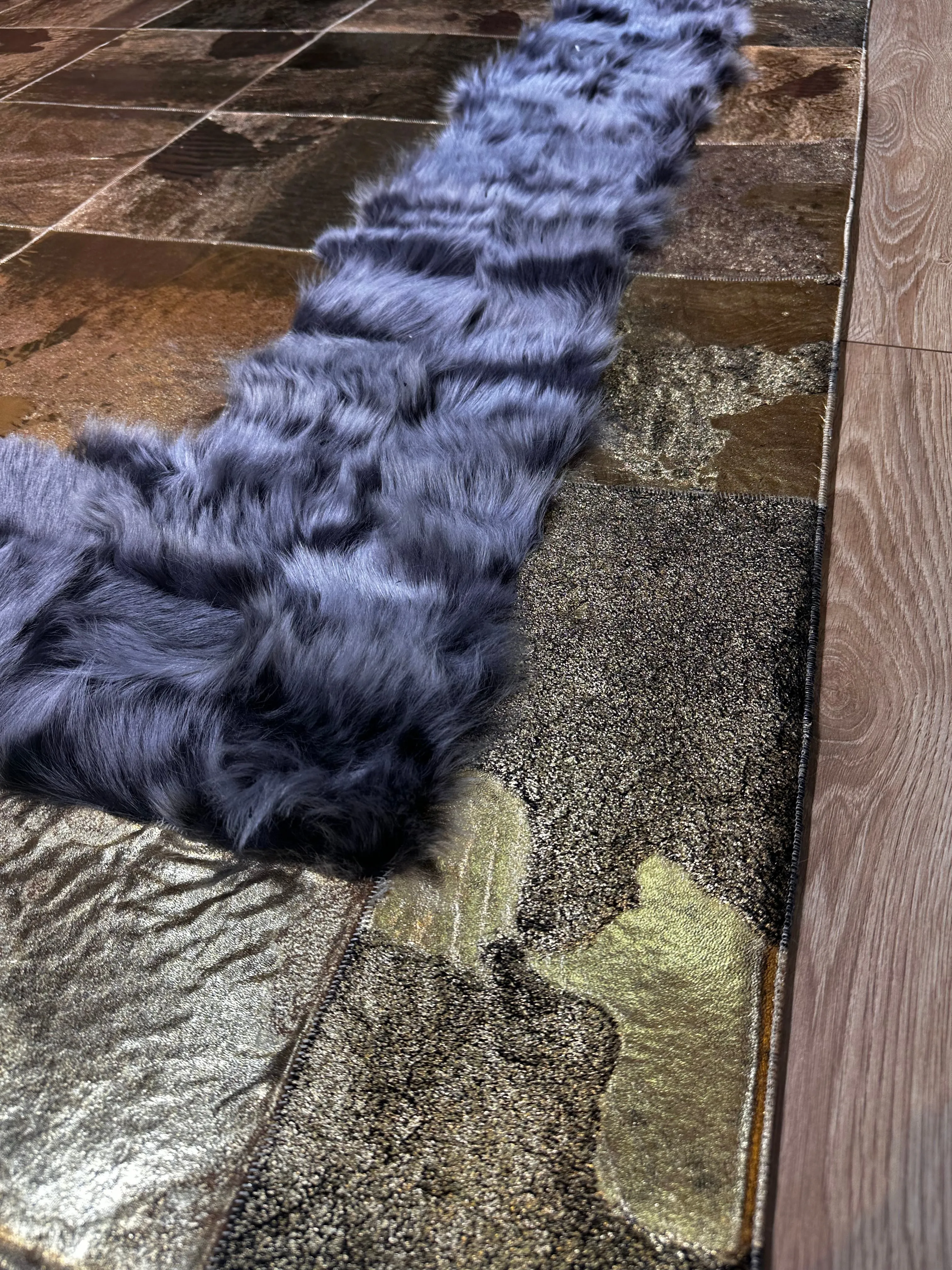 Gray and Gold Natural Sheep Leather Area Rug, Handmade Luxury Carpet