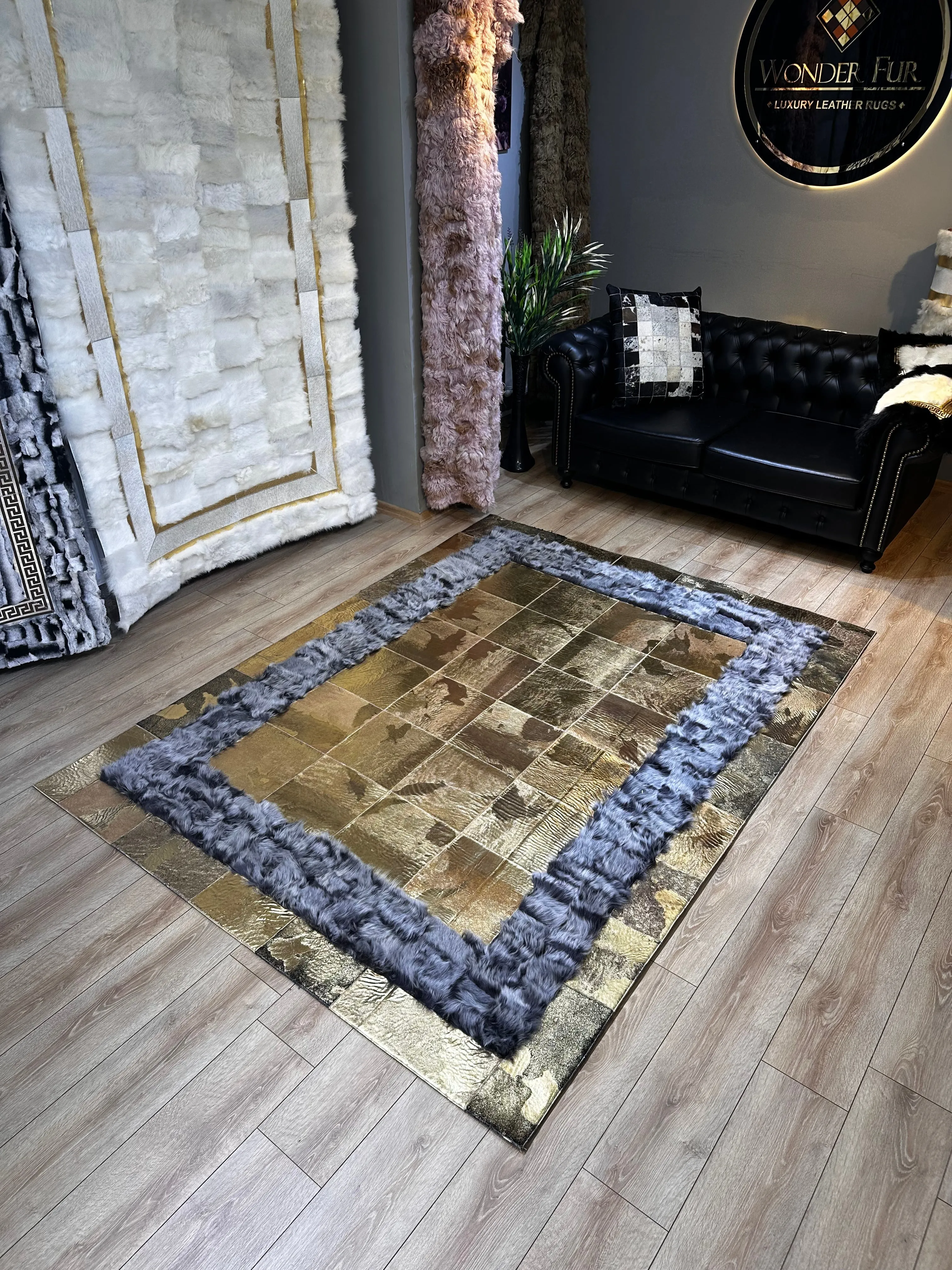 Gray and Gold Natural Sheep Leather Area Rug, Handmade Luxury Carpet