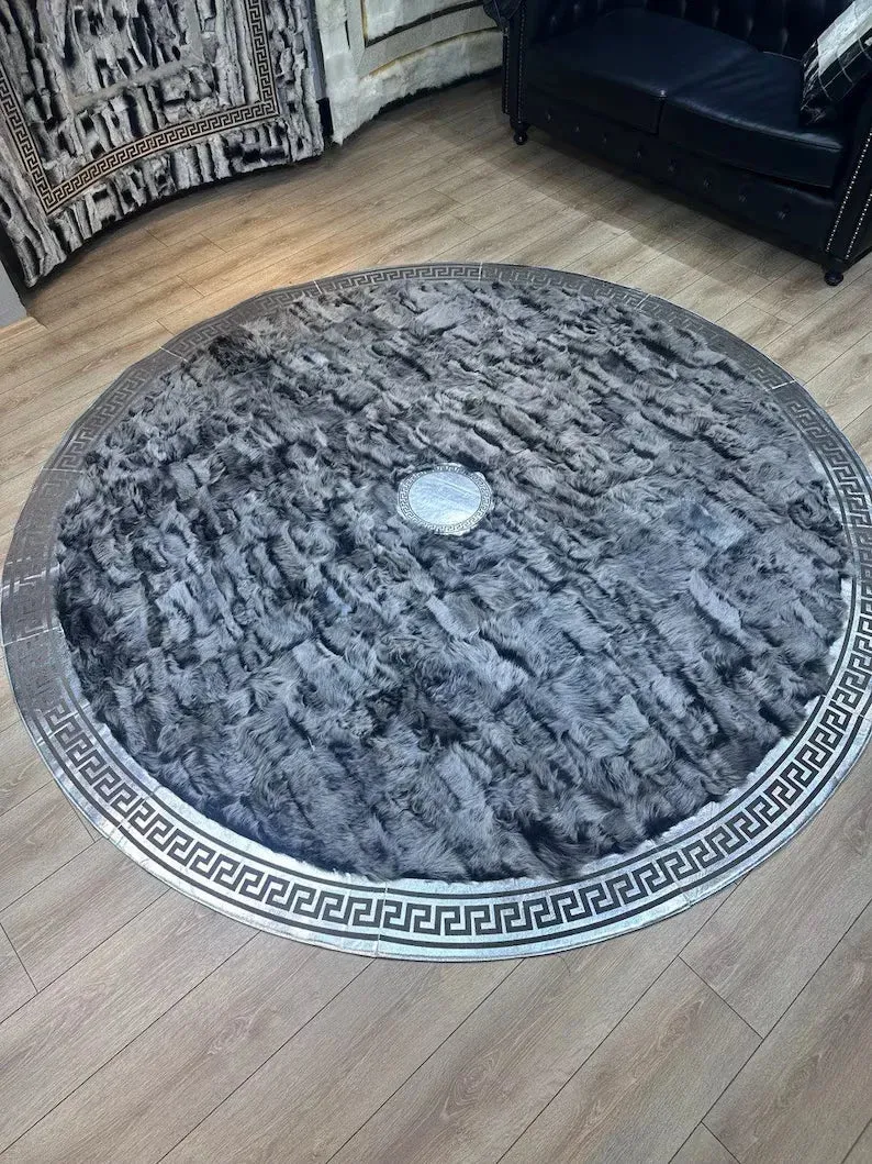 Gray Large 100% Genuine Sheepskin Round Rug, Handmade Soft Shaggy Area Rug