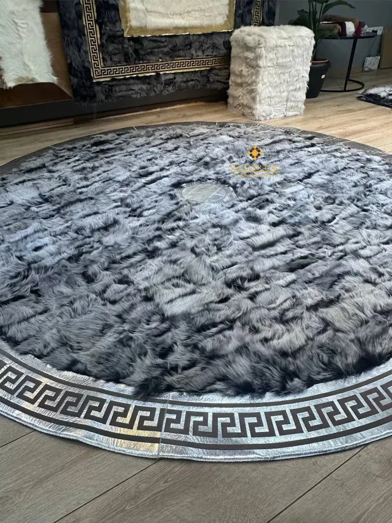 Gray Large 100% Genuine Sheepskin Round Rug, Handmade Soft Shaggy Area Rug