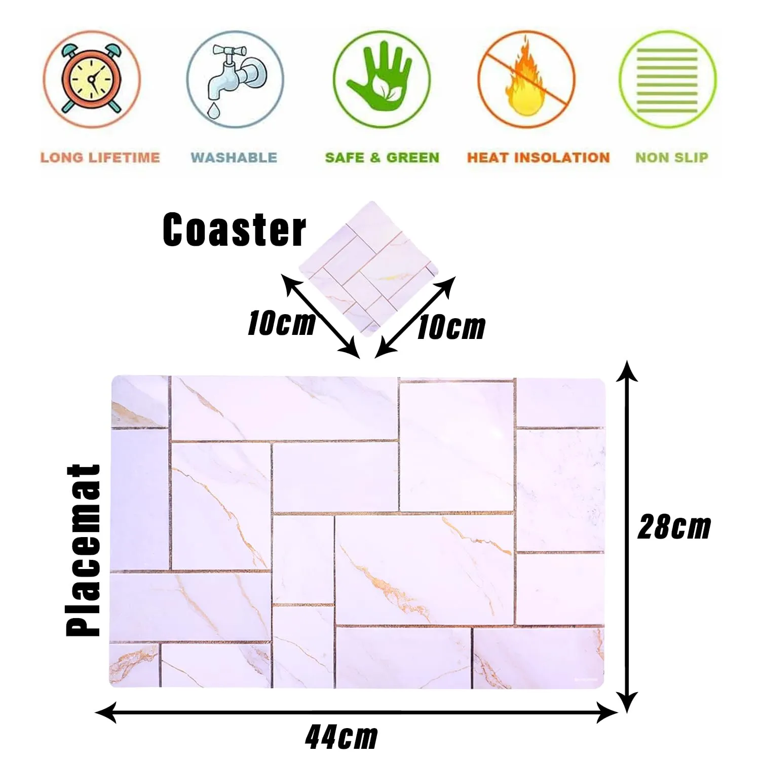 Heart Home Placemat | Table Placemats with Coasters | Table Placemats with Tea Coasters | Dining Table Placemats & Coasters Set | Check Marble | 12 Piece Set | Core White