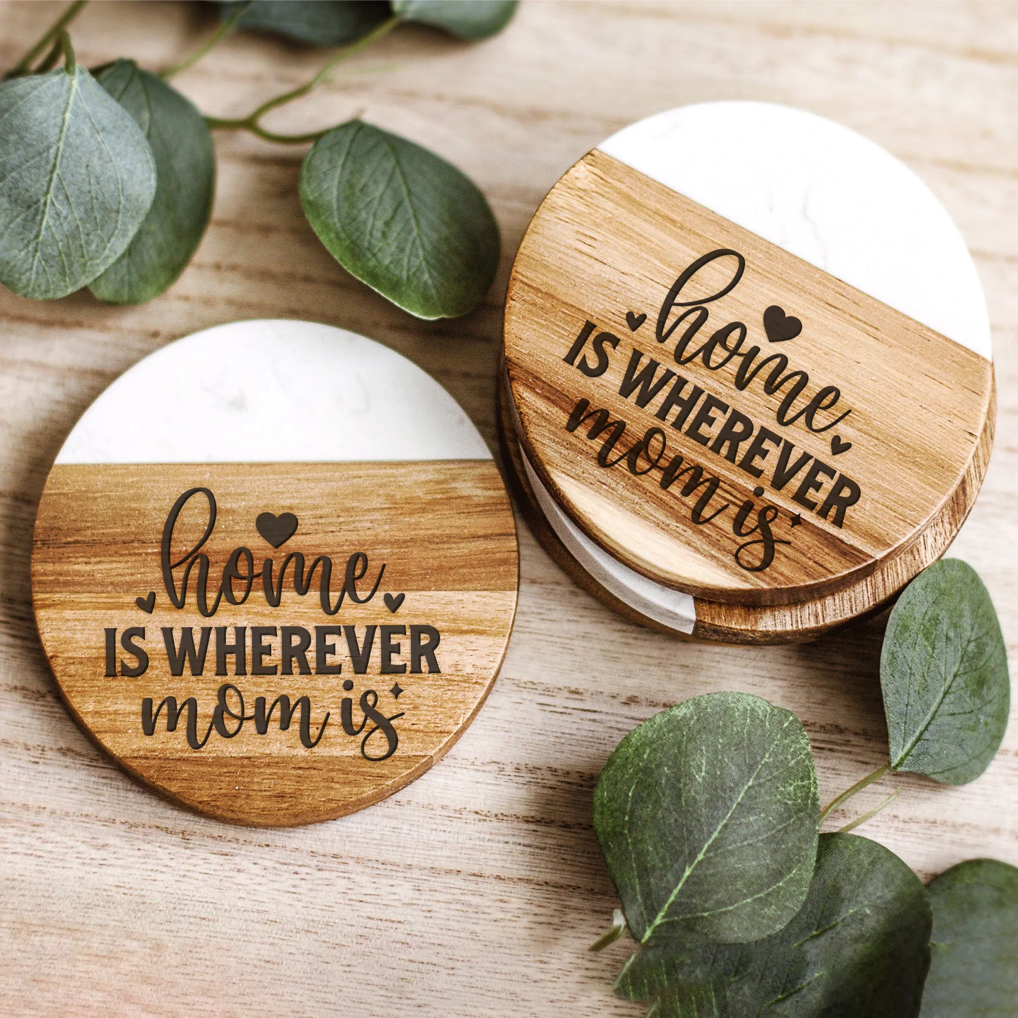 Home is Wherever Mom Is Acacia Wood and Marble Coasters