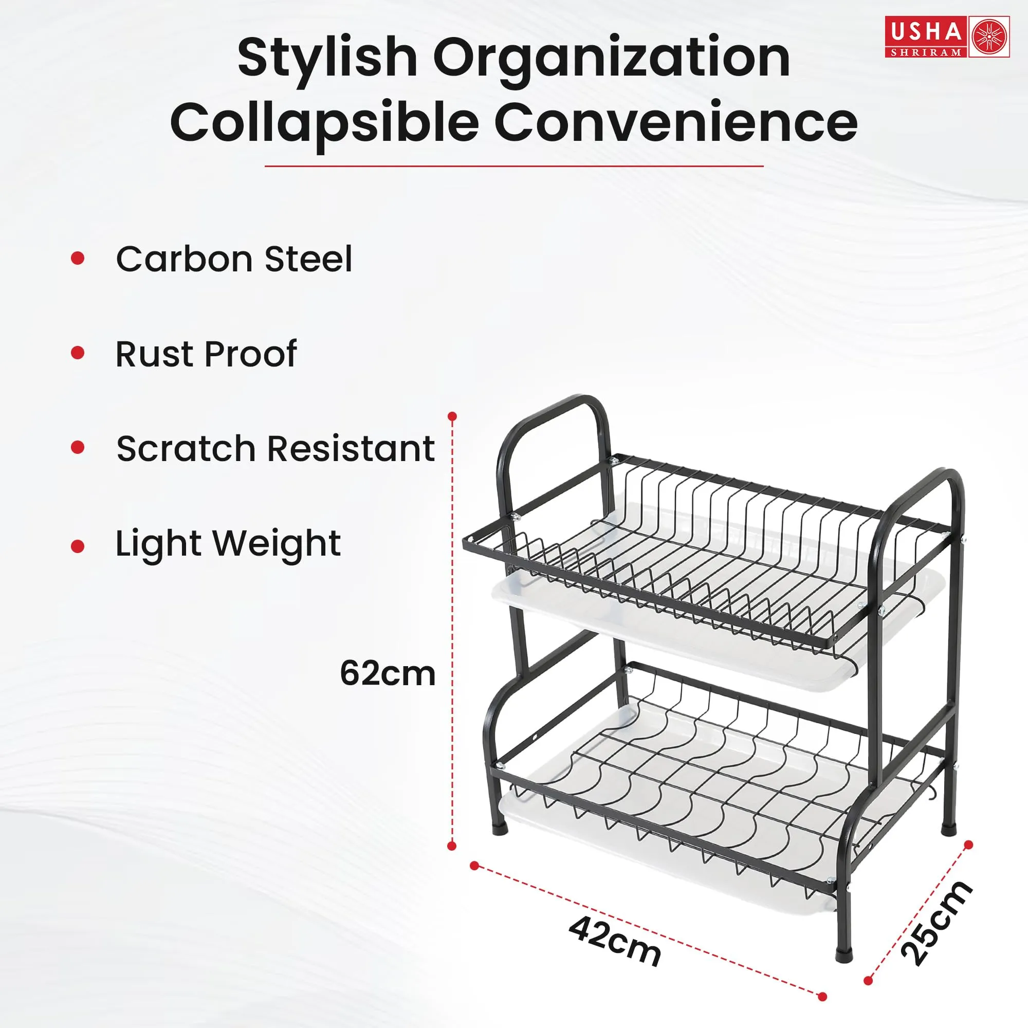 Kuber Industries 2-Layer Dish Drying Rack|Storage Rack for Kitchen Counter|Drainboard & Cutting Board Holder|Premium Utensils Basket (Black)