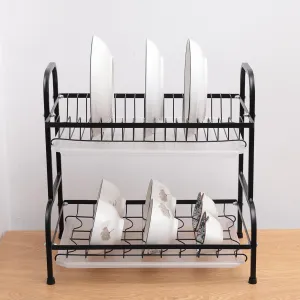 Kuber Industries 2-Layer Dish Drying Rack|Storage Rack for Kitchen Counter|Drainboard & Cutting Board Holder|Premium Utensils Basket (Black)