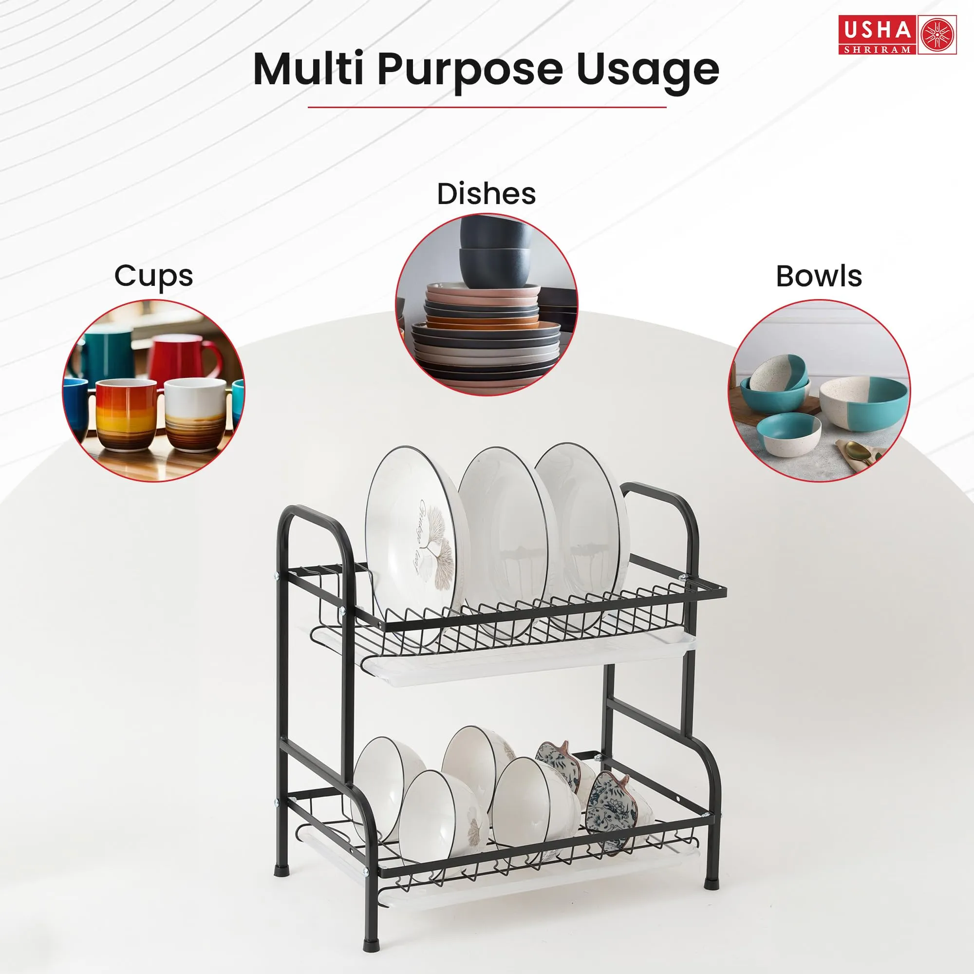 Kuber Industries 2-Layer Dish Drying Rack|Storage Rack for Kitchen Counter|Drainboard & Cutting Board Holder|Premium Utensils Basket (Black)