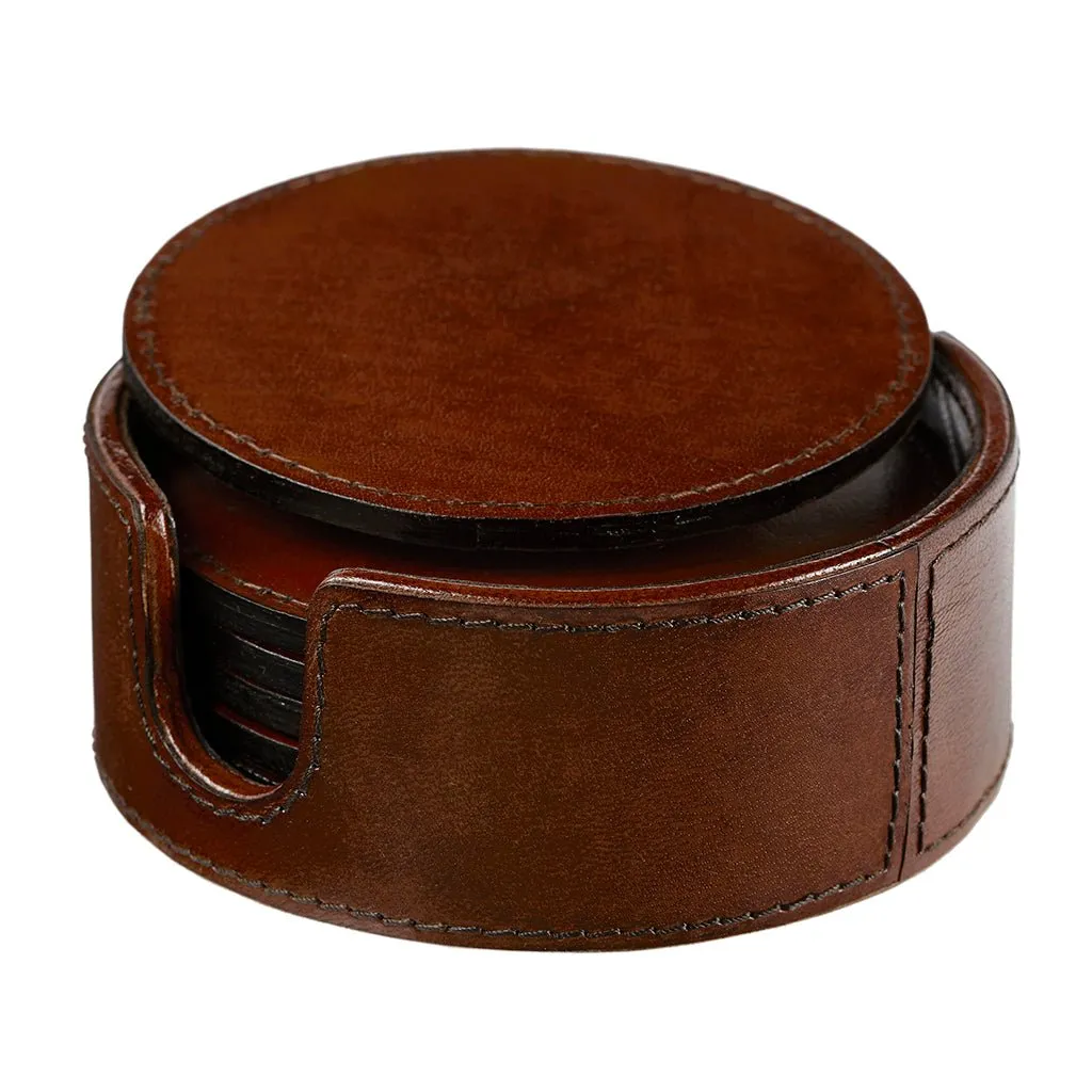 Leather Wine Bottle Coaster With Six Leather Coasters