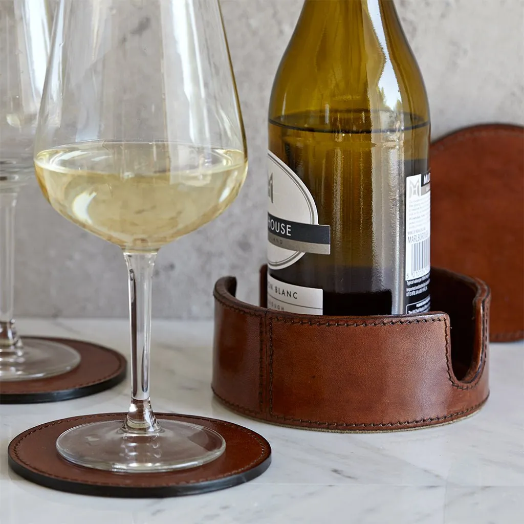 Leather Wine Bottle Coaster With Six Leather Coasters