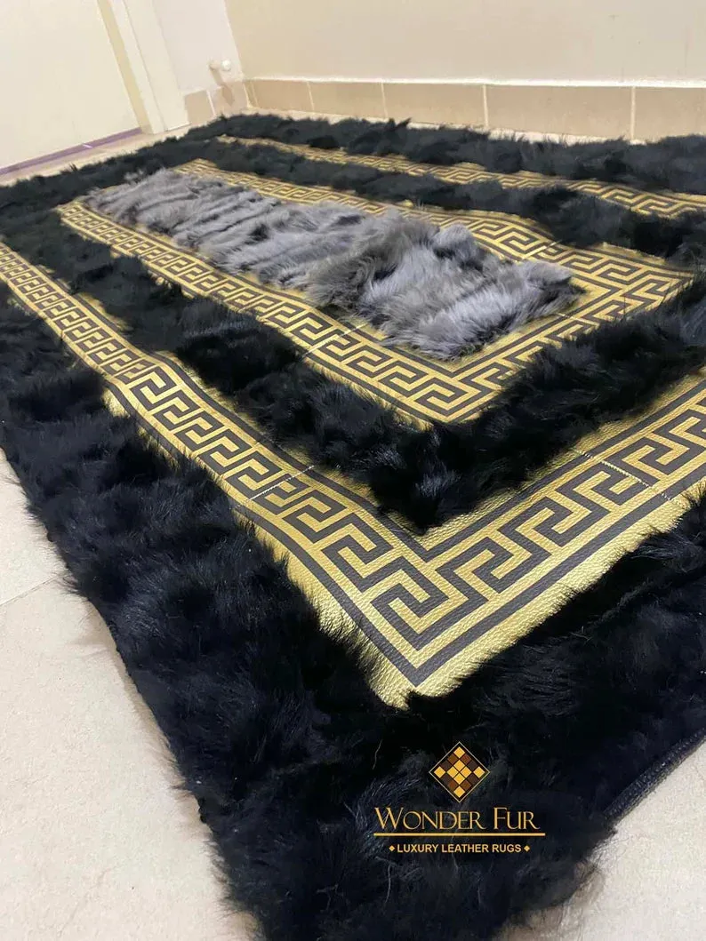 Luxury Black Gold 100% Genuine Sheepskin Runner Rug, Soft Shaggy Handmade Rug