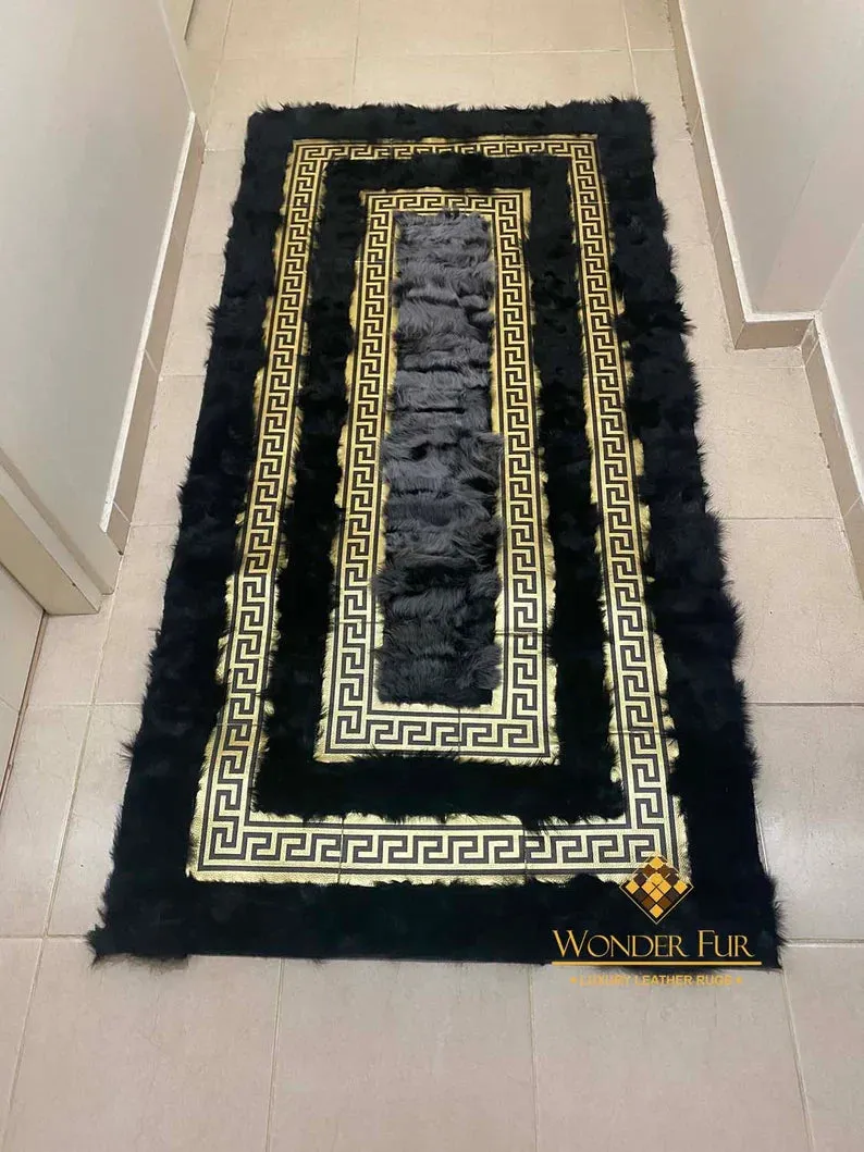 Luxury Black Gold 100% Genuine Sheepskin Runner Rug, Soft Shaggy Handmade Rug