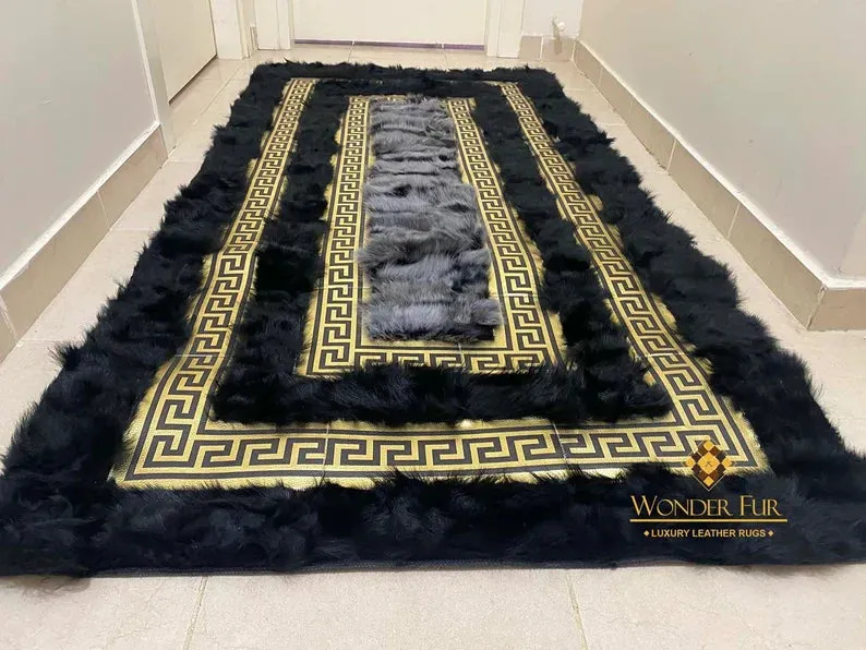 Luxury Black Gold 100% Genuine Sheepskin Runner Rug, Soft Shaggy Handmade Rug