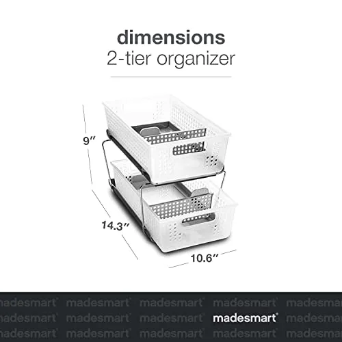 Madesmart 2-Tier Plastic Multipurpose Organizer with Divided Slide-Out Storage Bins, Under Sink and Cabinet Organizer Rack, Frost