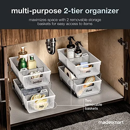 Madesmart 2-Tier Plastic Multipurpose Organizer with Divided Slide-Out Storage Bins, Under Sink and Cabinet Organizer Rack, Frost