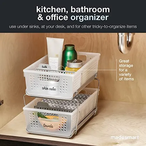 Madesmart 2-Tier Plastic Multipurpose Organizer with Divided Slide-Out Storage Bins, Under Sink and Cabinet Organizer Rack, Frost