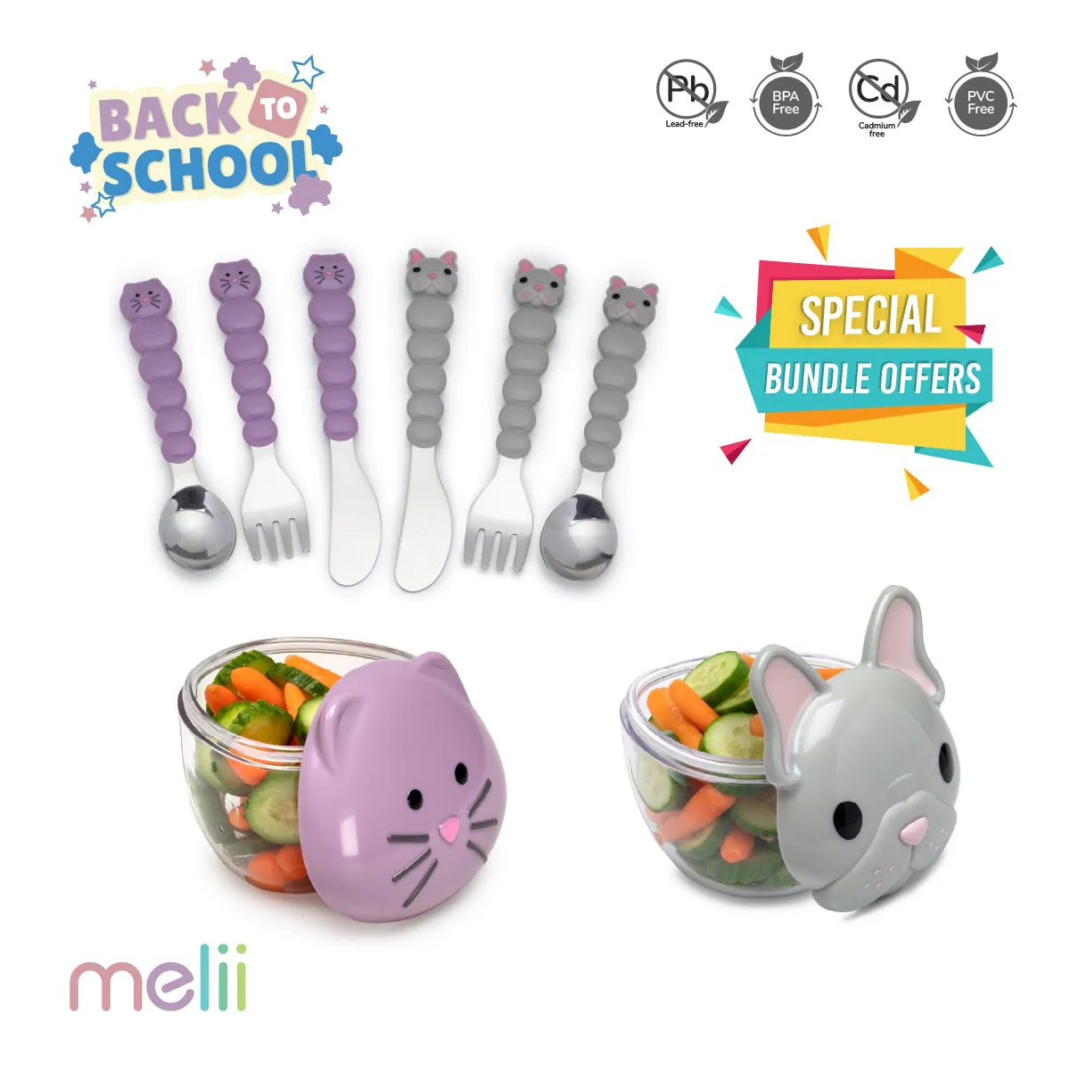 Melii Snack Containers & Utensil Set - Bulldog & Purple Cat Snack Containers, Purple Cat & Grey Bulldog Utensil Set (6 Pcs) - BPA Free, Durable, Fun Designs