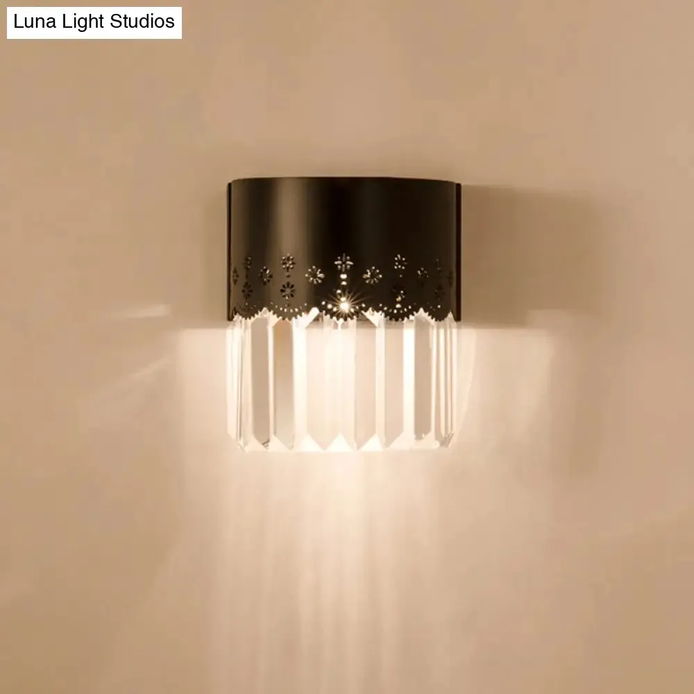 Modern Black Half-Cylinder Wall Sconce: 1-Head Crystal Block Bedside Wall Lamp Fixture