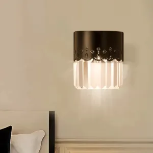 Modern Black Half-Cylinder Wall Sconce: 1-Head Crystal Block Bedside Wall Lamp Fixture