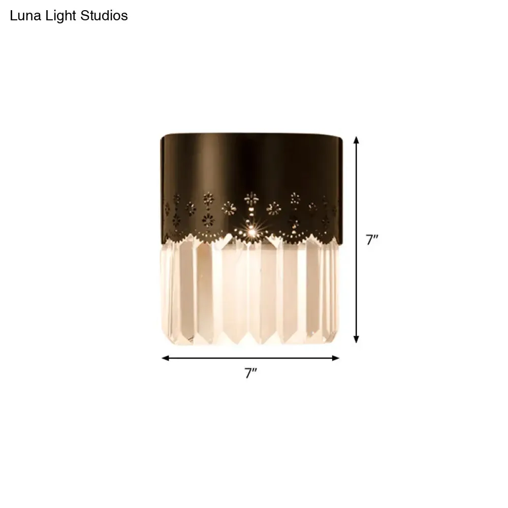 Modern Black Half-Cylinder Wall Sconce: 1-Head Crystal Block Bedside Wall Lamp Fixture