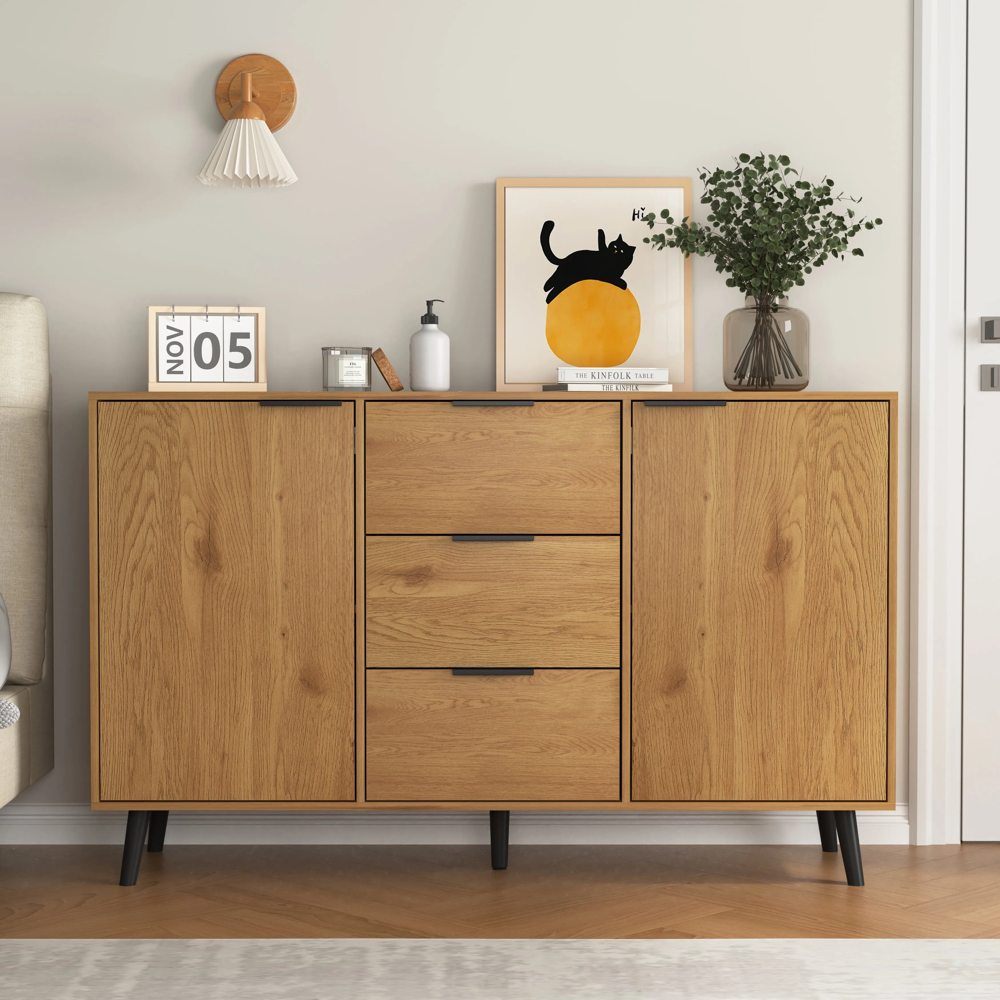 modern Mid Century Sideboard Buffet with 3 Drawers,2Door Accent Cabinet for Entryway,Natural,29"H