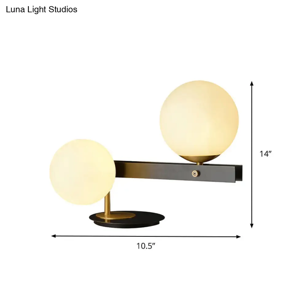 Modern Opal Glass Sphere Table Light with Black Metal Base - 2 Bulbs, Small Desk Lamp