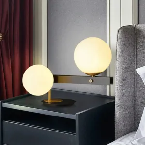 Modern Opal Glass Sphere Table Light with Black Metal Base - 2 Bulbs, Small Desk Lamp