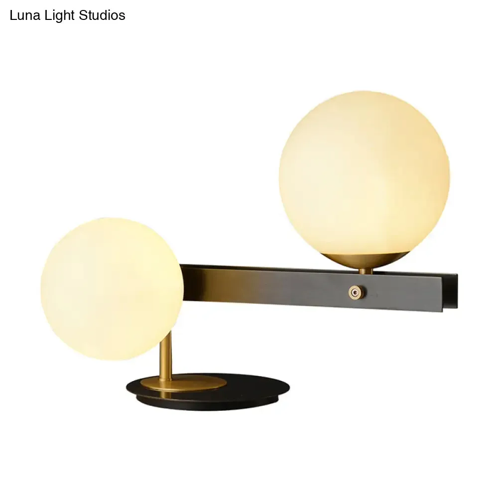 Modern Opal Glass Sphere Table Light with Black Metal Base - 2 Bulbs, Small Desk Lamp