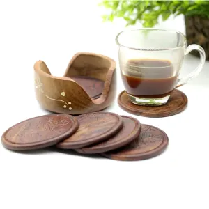 natureCRAFTS Wooden Beautiful Tea Coaster Lotus Shape Set of 6 Plate with Stand Dining Table Serving Office Handmade 3.5 Inch