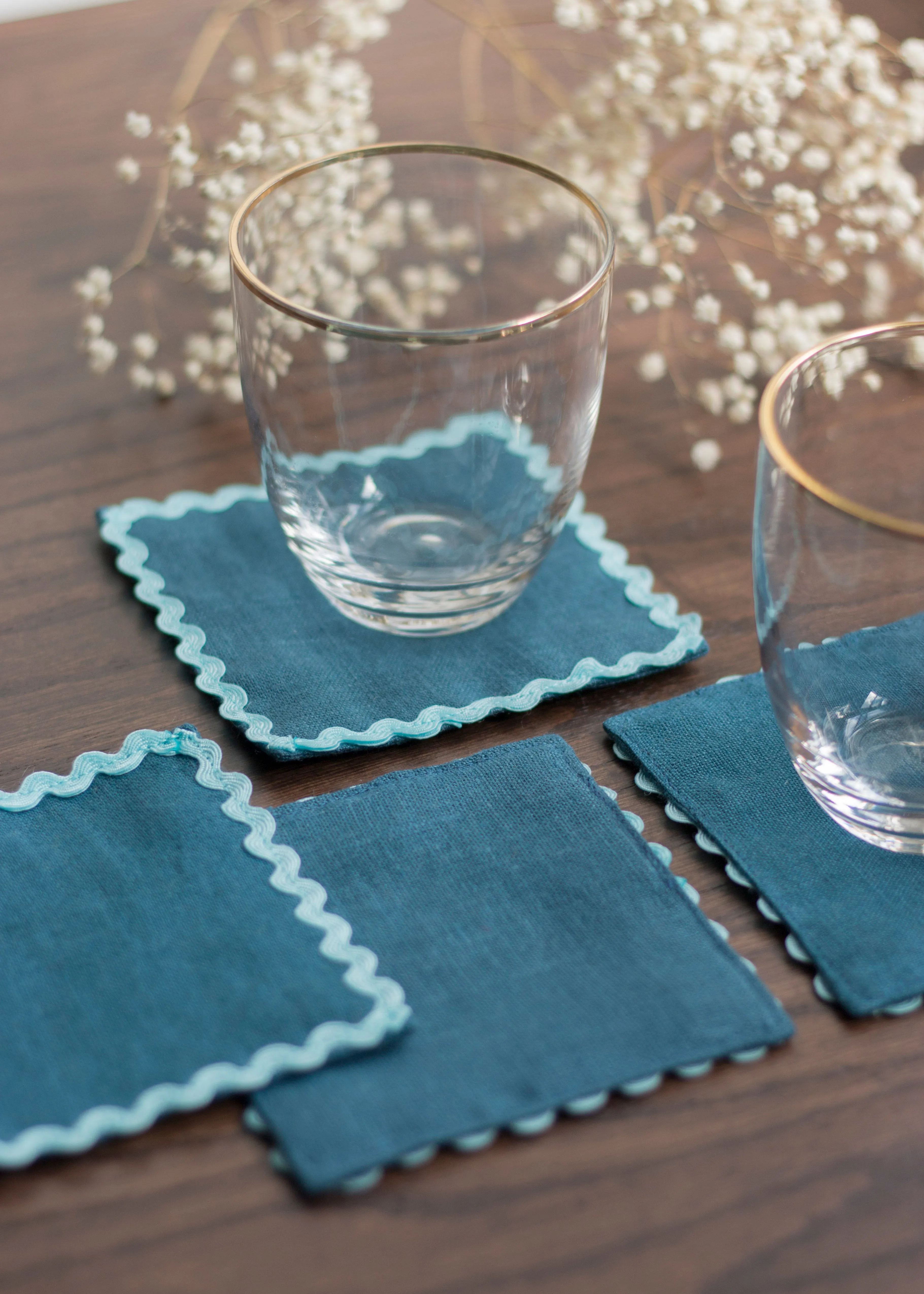 Navy Linen Coasters With Blue Rick Rack Trim