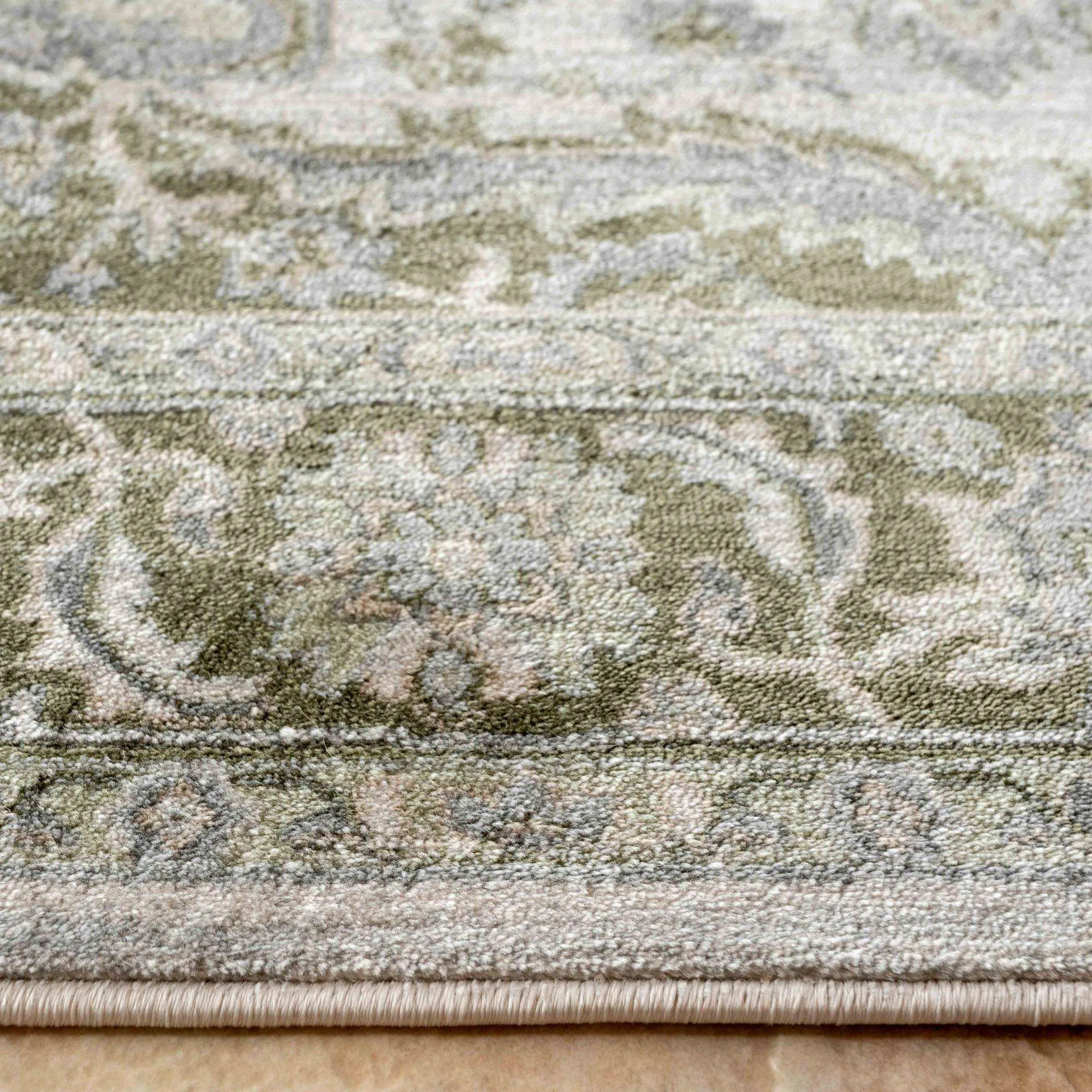 Oriental Bordered Green Floral Hall Runner Rug