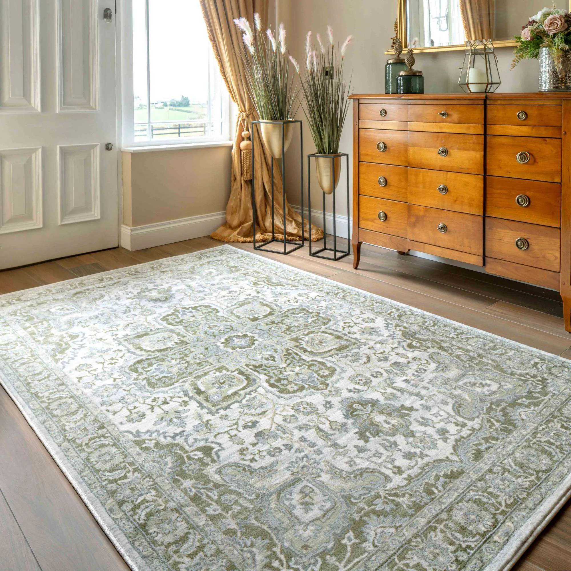 Oriental Bordered Green Floral Hall Runner Rug