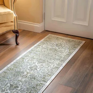 Oriental Bordered Green Floral Hall Runner Rug