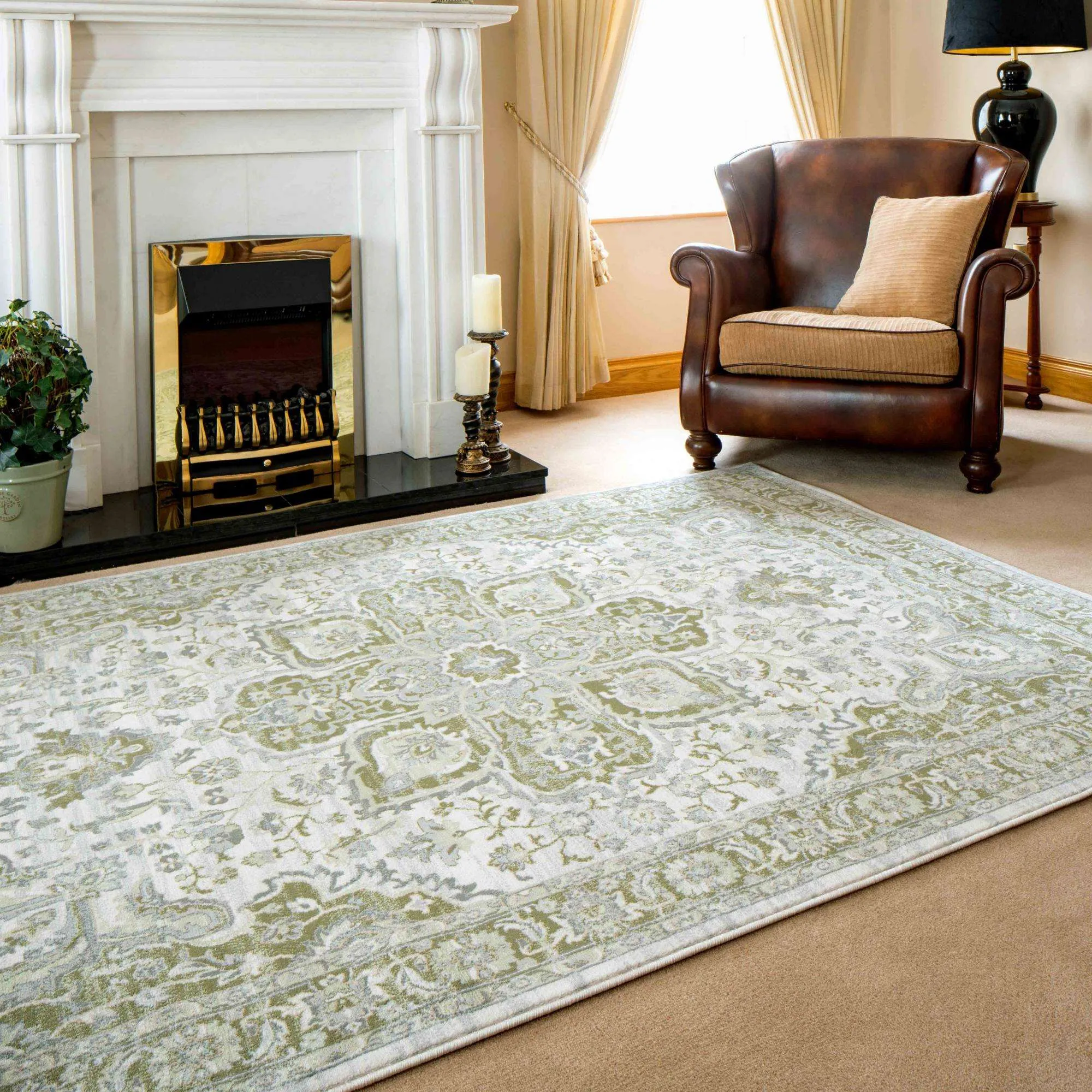 Oriental Bordered Green Floral Hall Runner Rug