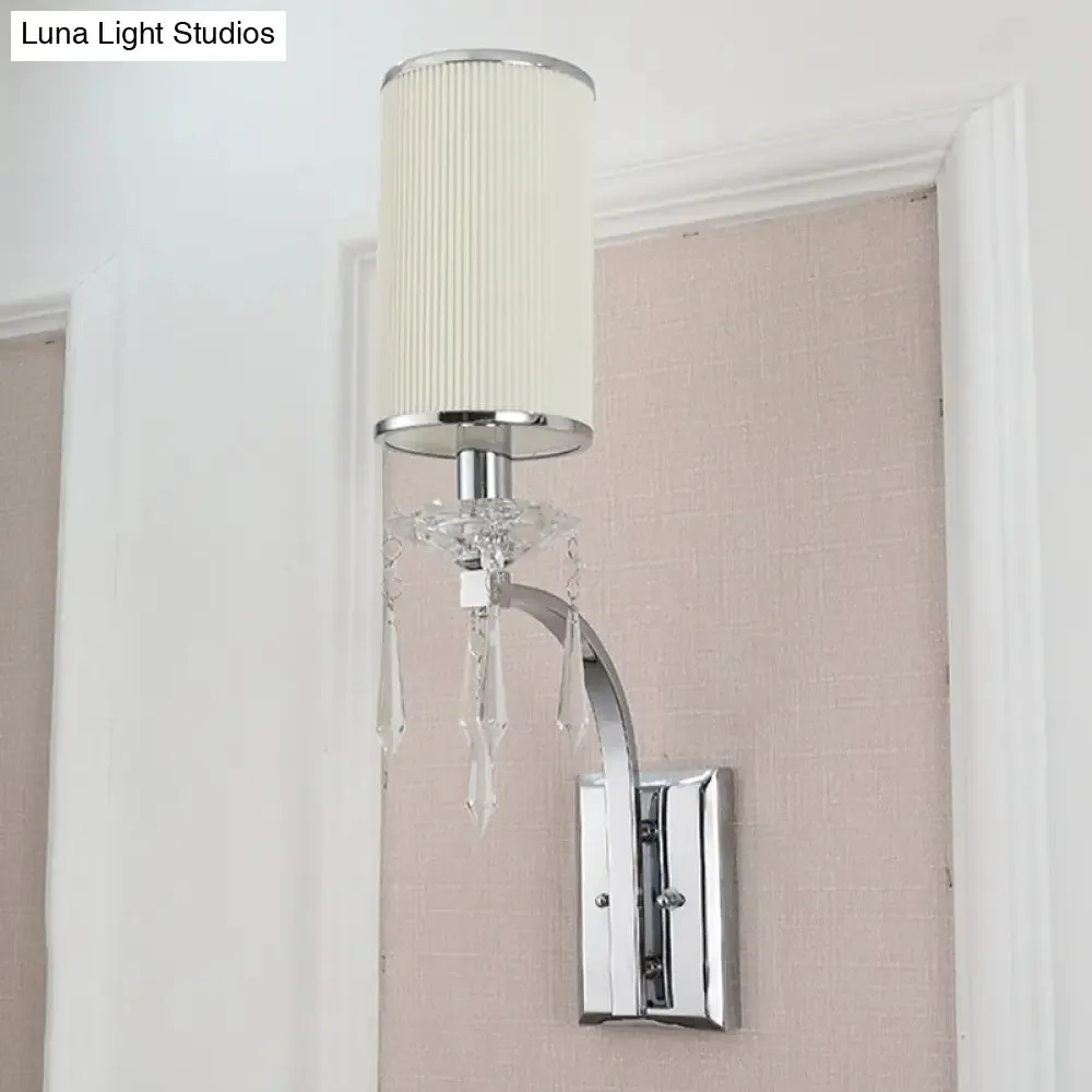 Pillar Wall Mounted Sconce Light in Chrome with Ribbed Fabric Shade - Ideal for Living Room