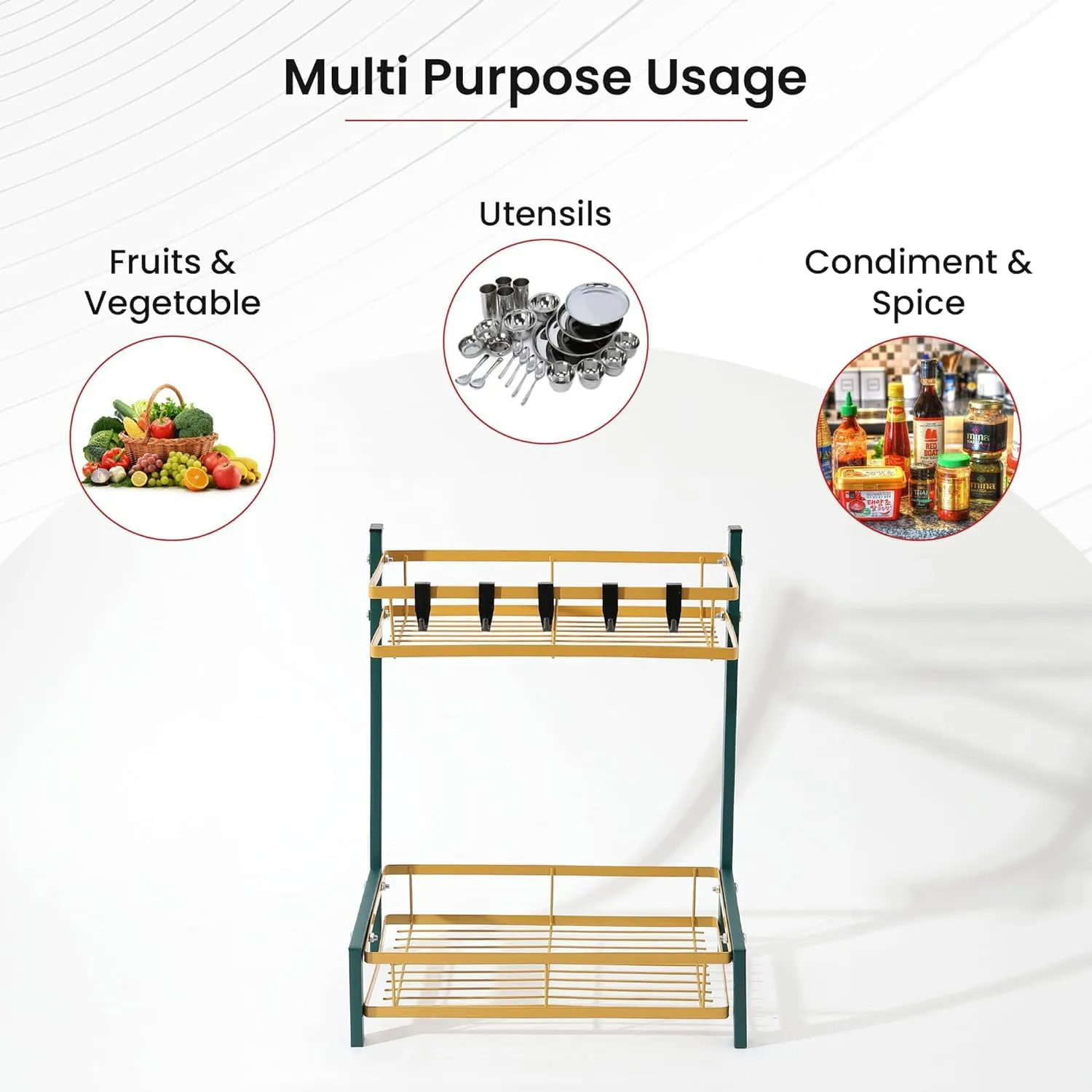 Plantex 2-Layer Dish Drying Rack|Storage Rack for Kitchen Counter|Drainboard & Cutting Board Holder|Premium Utensils Basket (Green & Gold)