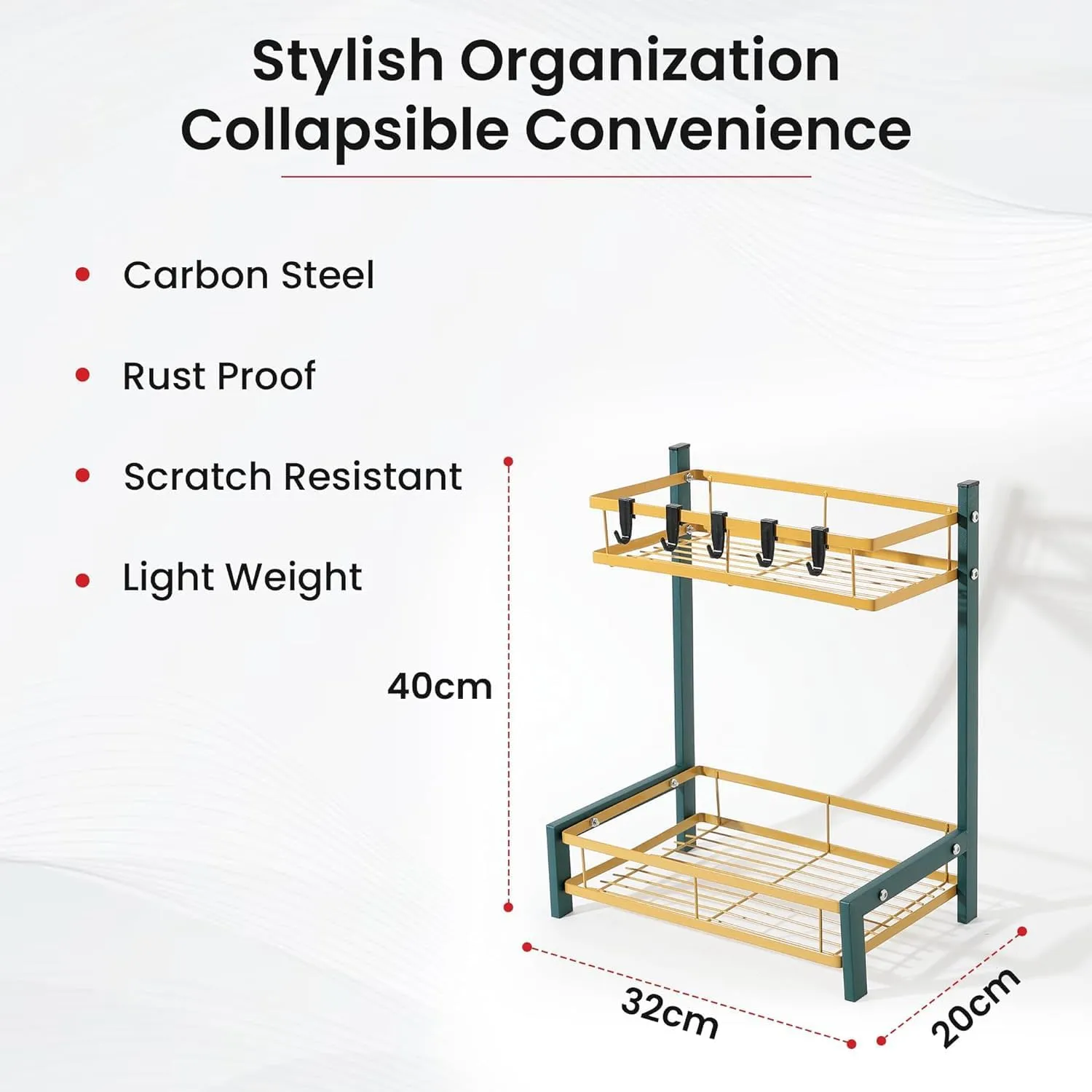 Plantex 2-Layer Dish Drying Rack|Storage Rack for Kitchen Counter|Drainboard & Cutting Board Holder|Premium Utensils Basket (Green & Gold)