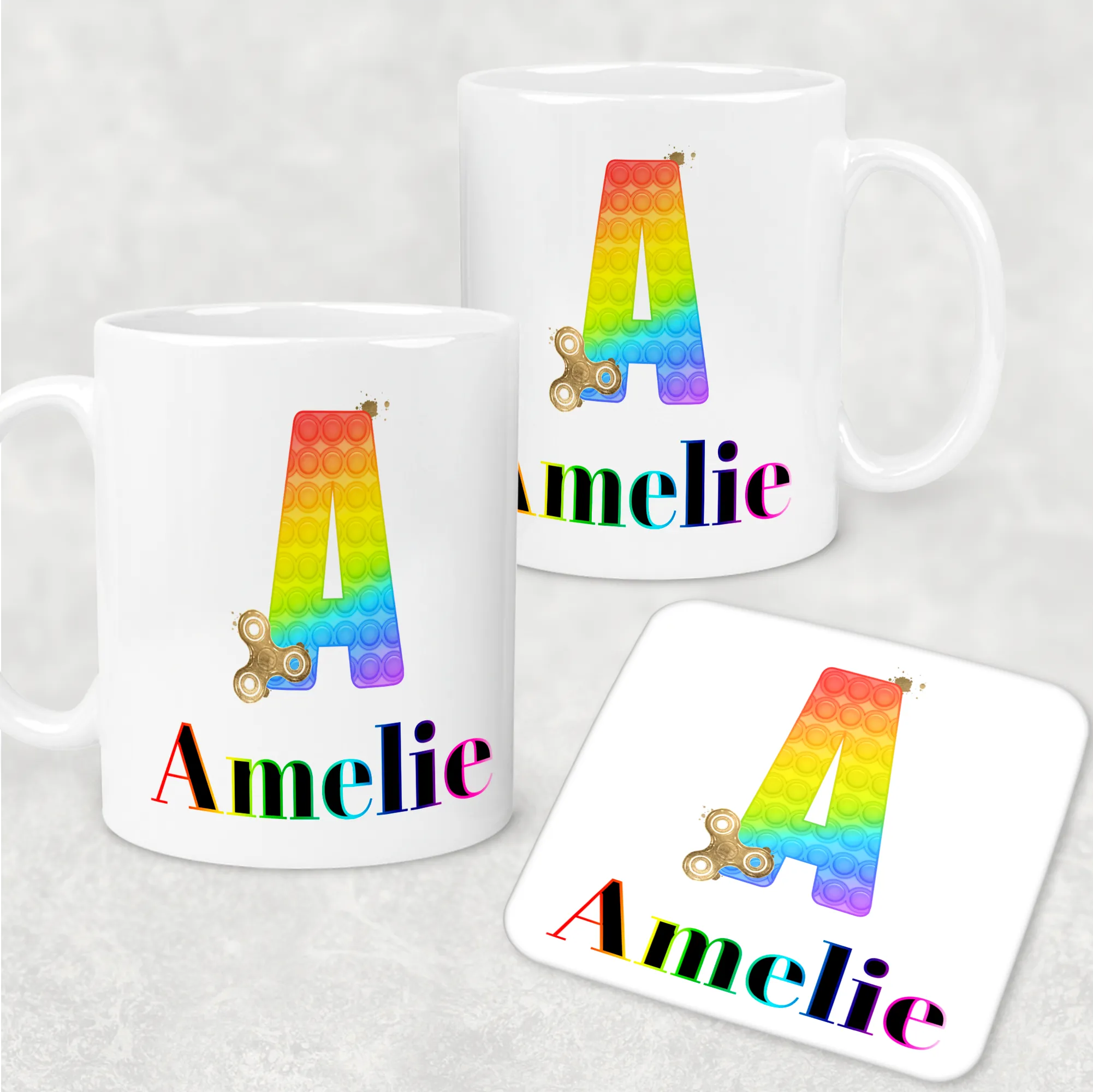 Pop It Fidget Alphabet Personalised Mug and Coaster Set