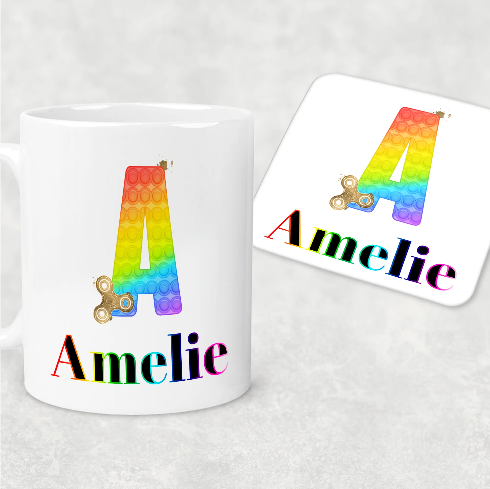 Pop It Fidget Alphabet Personalised Mug and Coaster Set