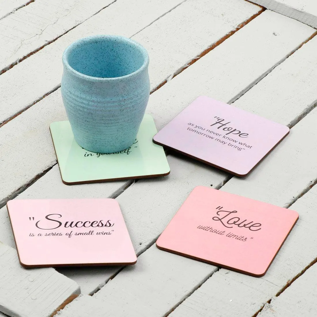 Printed Coasters in MDF Wood for Home and Dining Table (Quotes Design) (Set of 4)