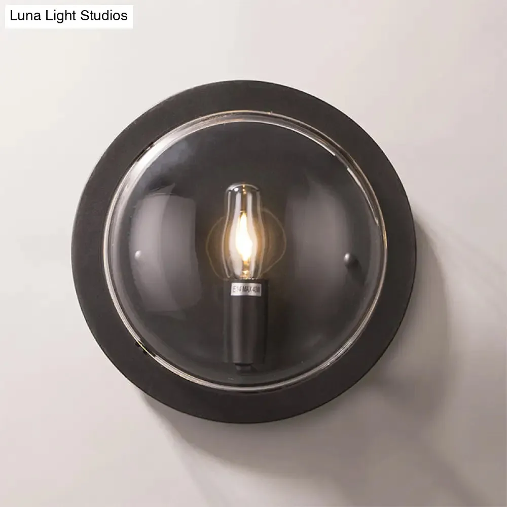 Retro Black Metal Drum Flush Mount Wall Sconce with Clear Glass Shade - 1 Light Living Room Lamp