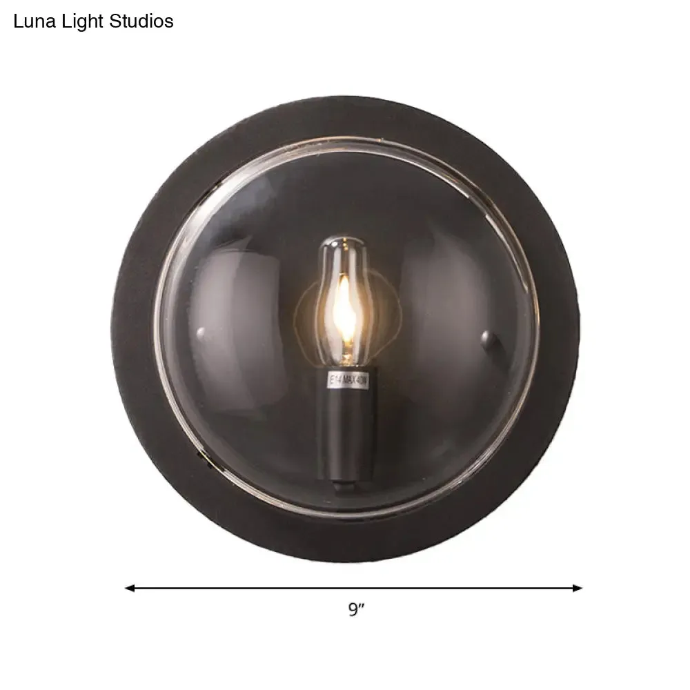 Retro Black Metal Drum Flush Mount Wall Sconce with Clear Glass Shade - 1 Light Living Room Lamp