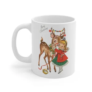 Retro Christmas Mug Holiday Gift, Retro Reindeer Pink Christmas, Cottagecore Deer, Retro Christmas Coffee Lover Gifts, Vintage Christmas Mug