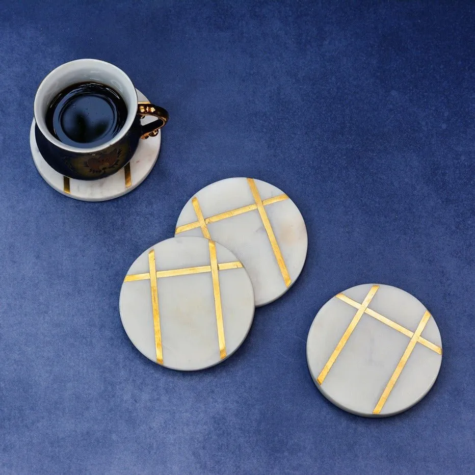 Round White Marble Inlay Coasters (Set of 4)