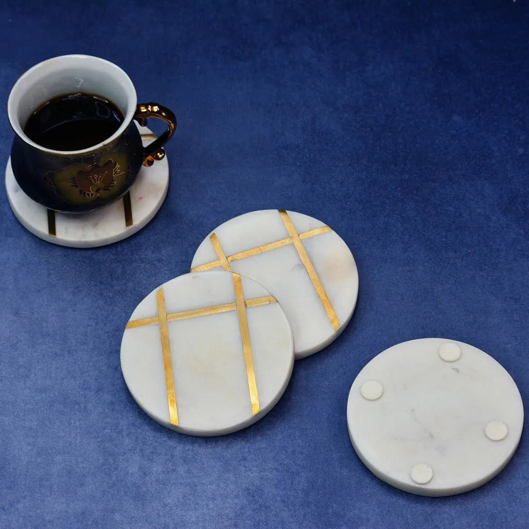 Round White Marble Inlay Coasters (Set of 4)