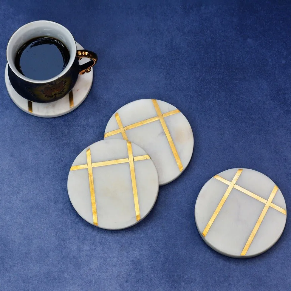 Round White Marble Inlay Coasters (Set of 4)