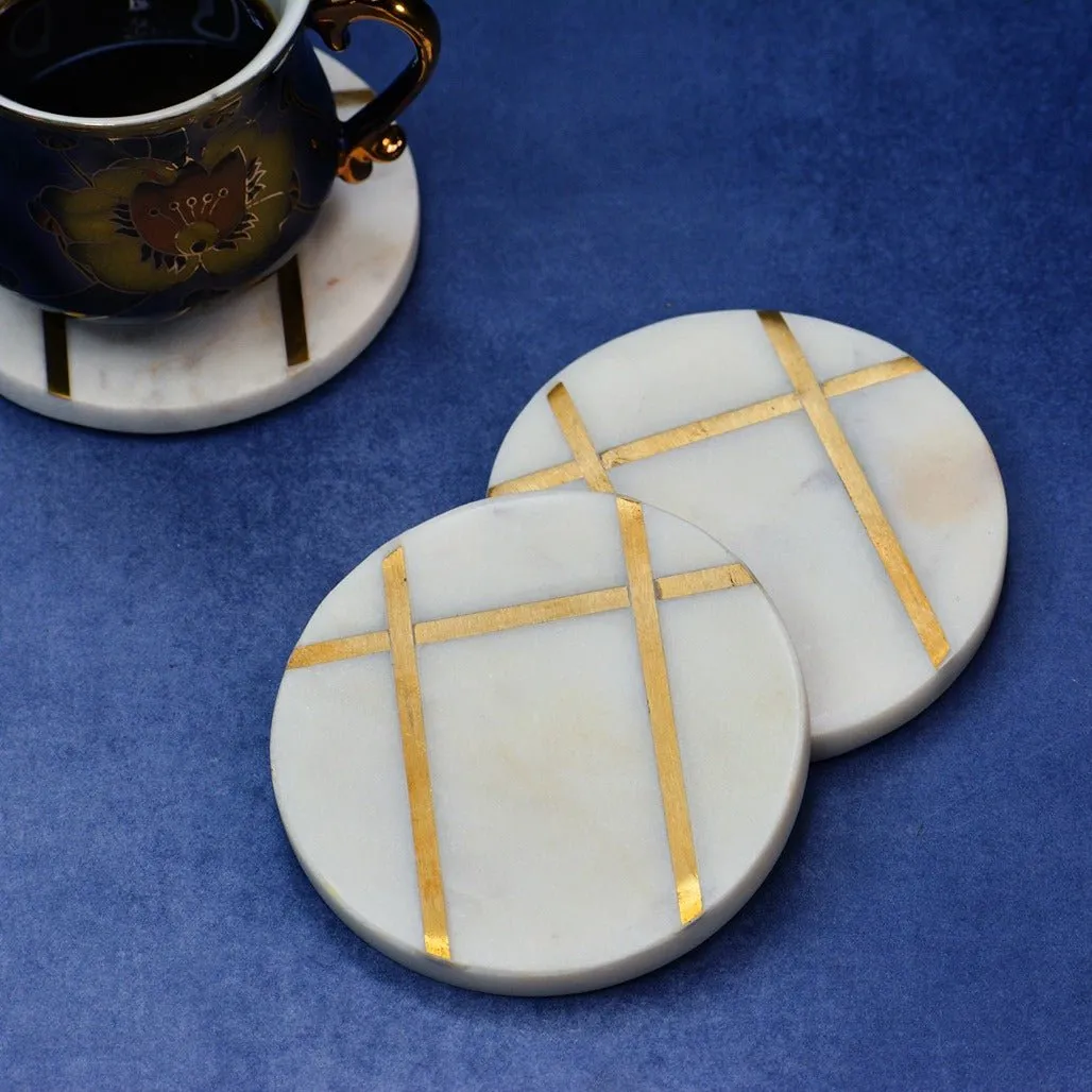 Round White Marble Inlay Coasters (Set of 4)