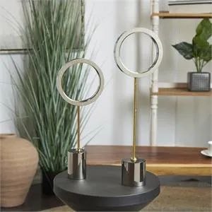 Silver Glass Geometric Round Hoop Sculpture with Gold Stands and Clear Cylinder Bases Set of 2 20"x 16"H