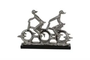 Silver Porcelain People Sculpture with Bike - 18" X 3" X 13"