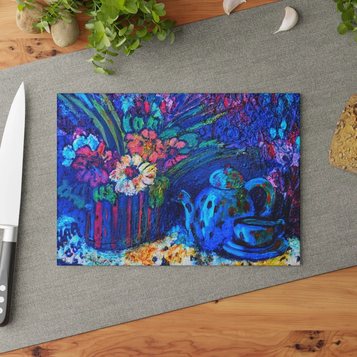 Tempered Glass Cutting Board - "Blue Teapot"