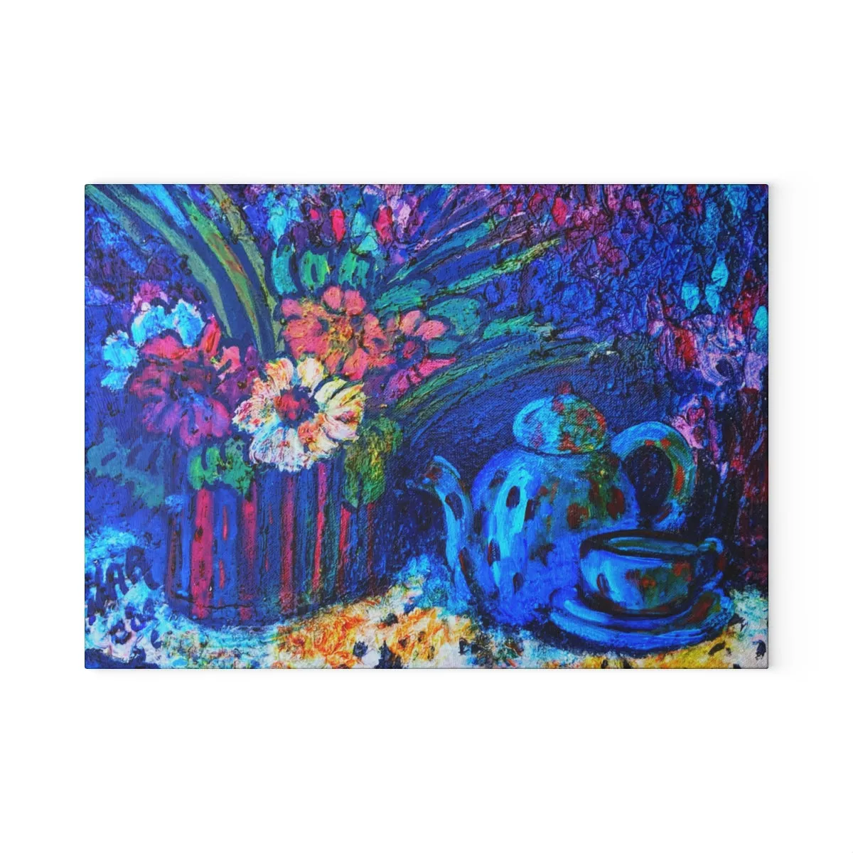 Tempered Glass Cutting Board - "Blue Teapot"